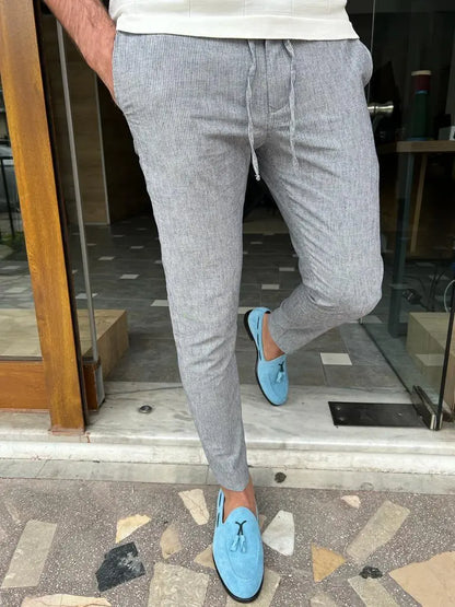 Tampa Blue Slim Fit Linen Laced Pants for Versatile Styling - BRABION