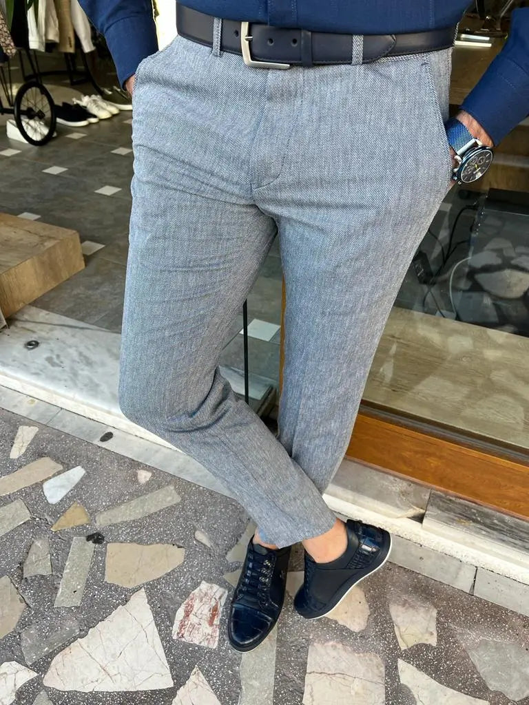 Tampa Blue Slim Fit Linen Pants - BRABION