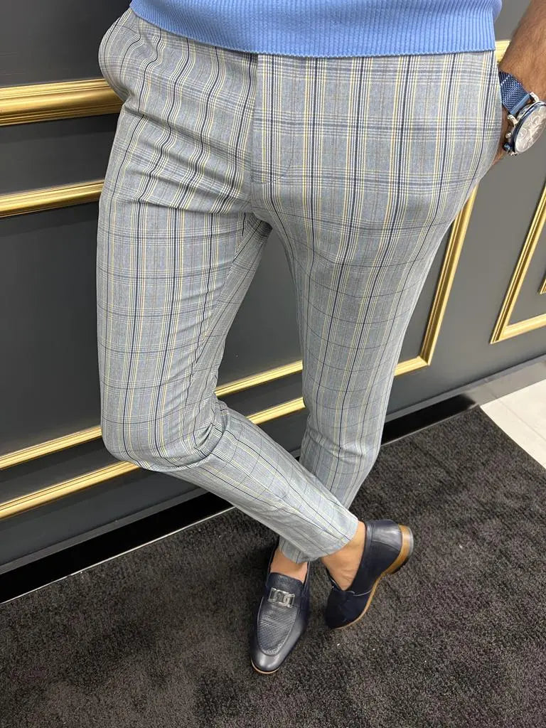 Tampa Blue Slim Fit Plaid Pants - Versatile & Elegant - BRABION