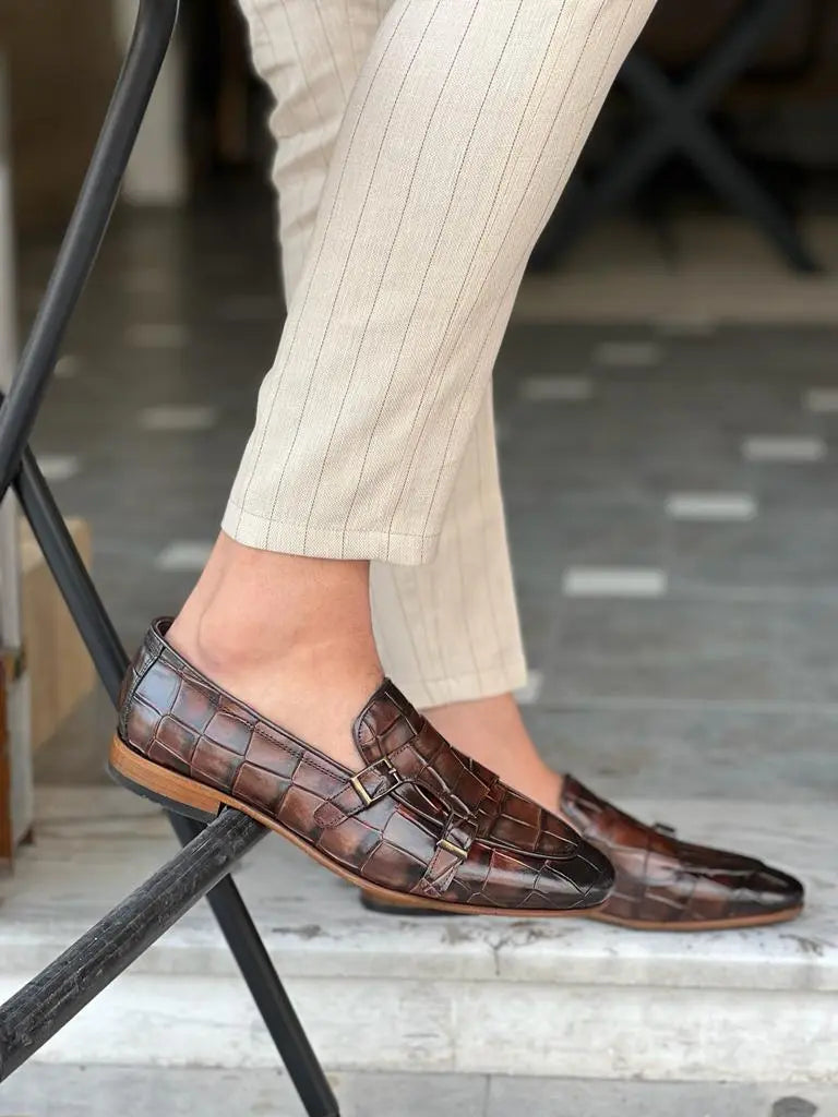 Tampa Brown Crocodile Pattern Monk Strap Loafers - BRABION