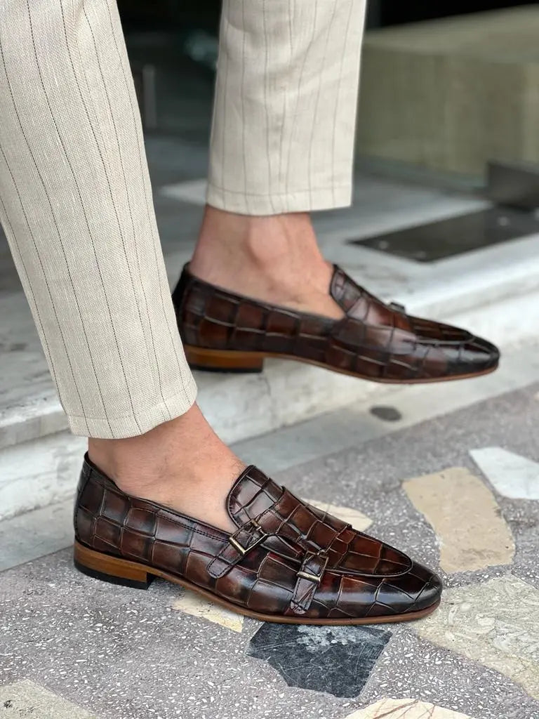 Tampa Brown Crocodile Pattern Monk Strap Loafers - BRABION