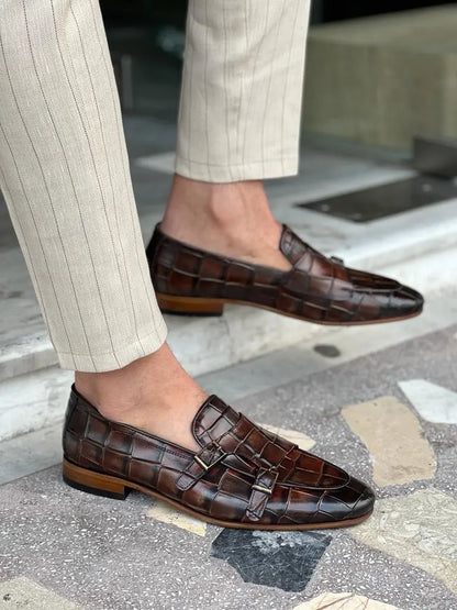 Tampa Brown Crocodile Pattern Monk Strap Loafers - BRABION