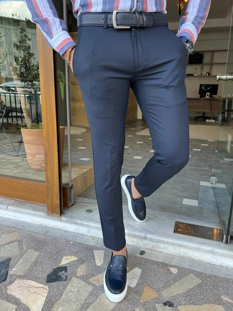 Tampa Dark Blue Slim Fit Cotton Pants - BRABION