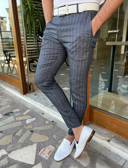 Tampa Dark Blue Slim Fit Pinstripe Linen Pants - BRABION