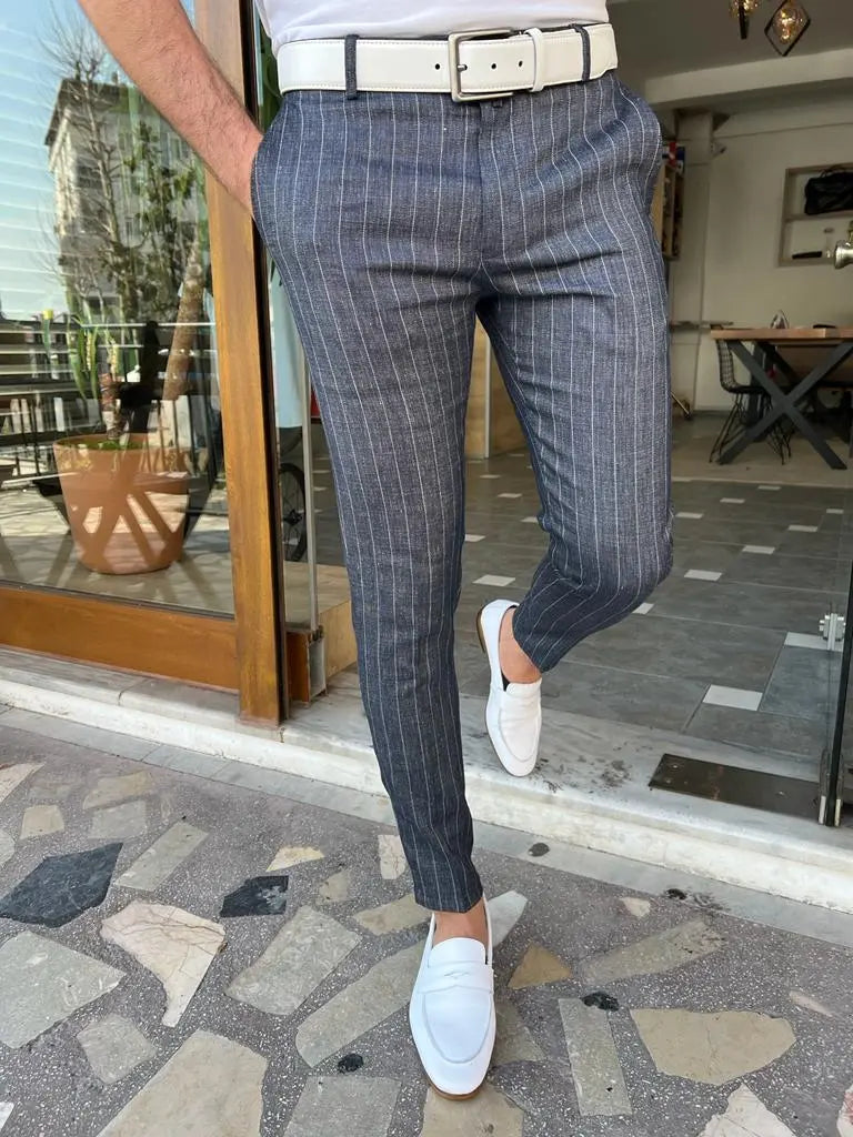 Tampa Dark Blue Slim Fit Pinstripe Linen Pants - BRABION