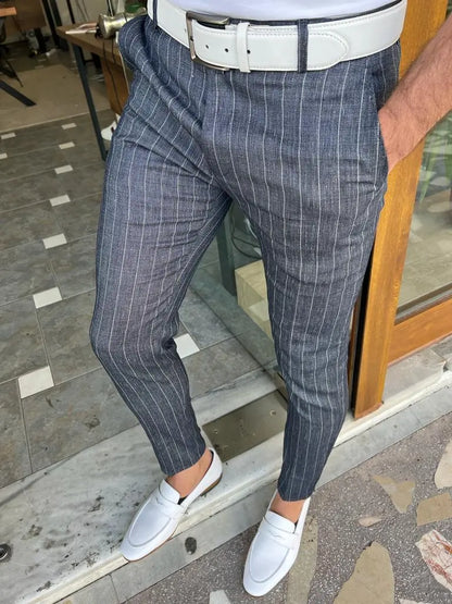 Tampa Dark Blue Slim Fit Pinstripe Linen Pants - BRABION