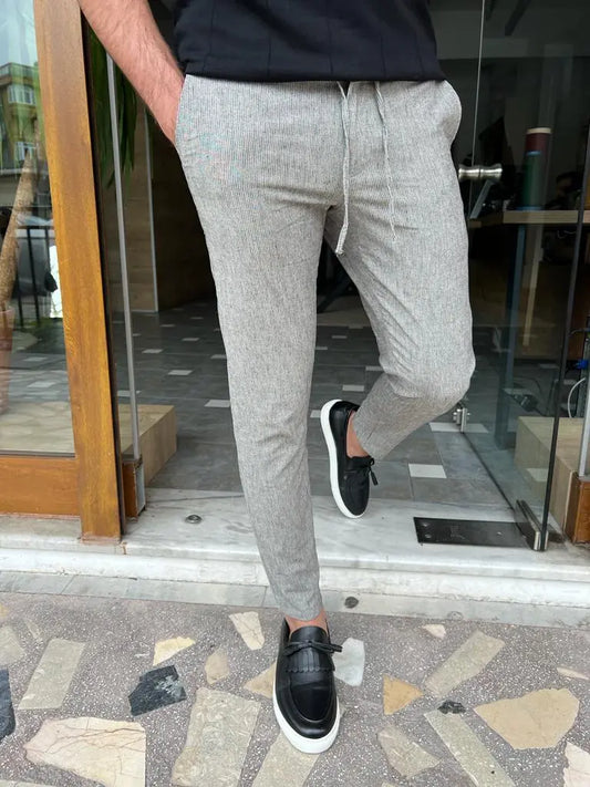 Tampa Gray Slim Fit Linen Laced Pants - BRABION