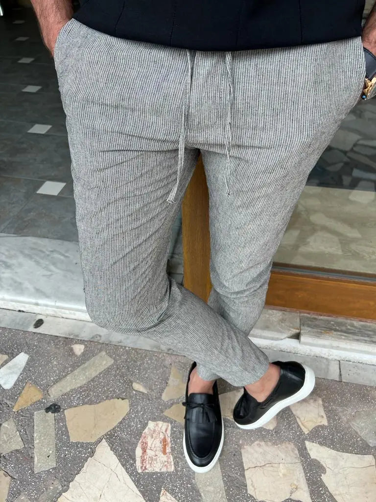 Tampa Gray Slim Fit Linen Laced Pants - BRABION