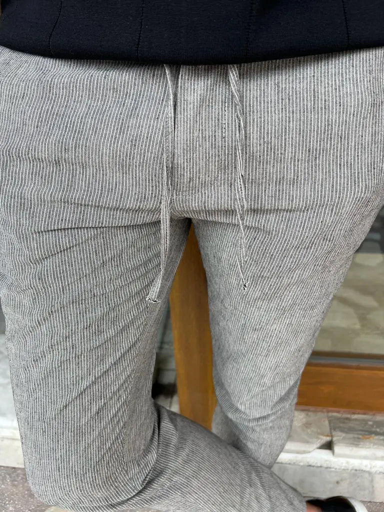 Tampa Gray Slim Fit Linen Laced Pants - BRABION