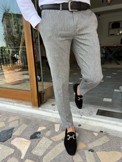 Tampa Gray Slim Fit Linen Pants for Men - BRABION
