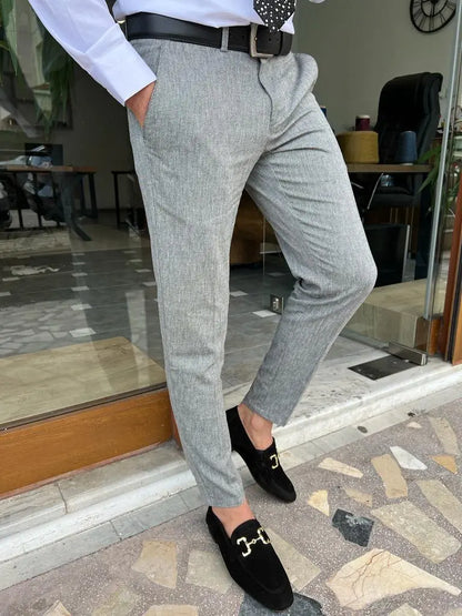 Tampa Gray Slim Fit Linen Pants for Men - BRABION