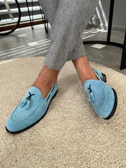 Tampa Sky Blue Suede Tassel Loafers - BRABION