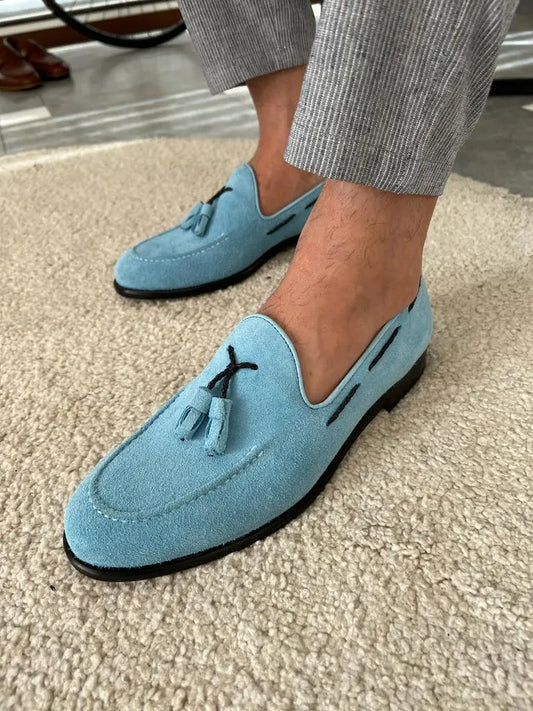 Tampa Sky Blue Suede Tassel Loafers - BRABION