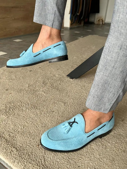 Tampa Sky Blue Suede Tassel Loafers - BRABION