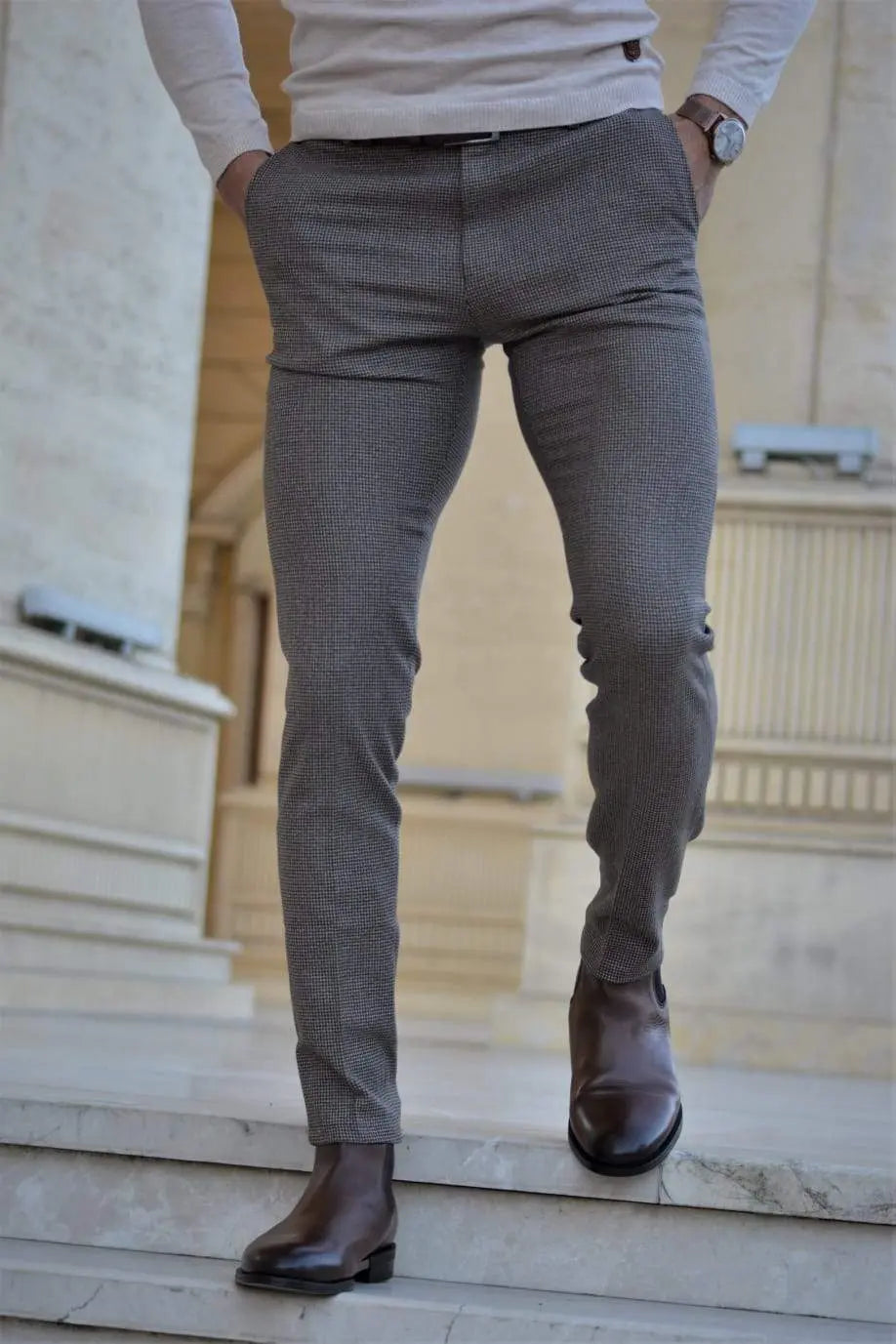 Vicenza Slim-fit Plaid Pants Beige - Ideal for Every Occasion - BRABION