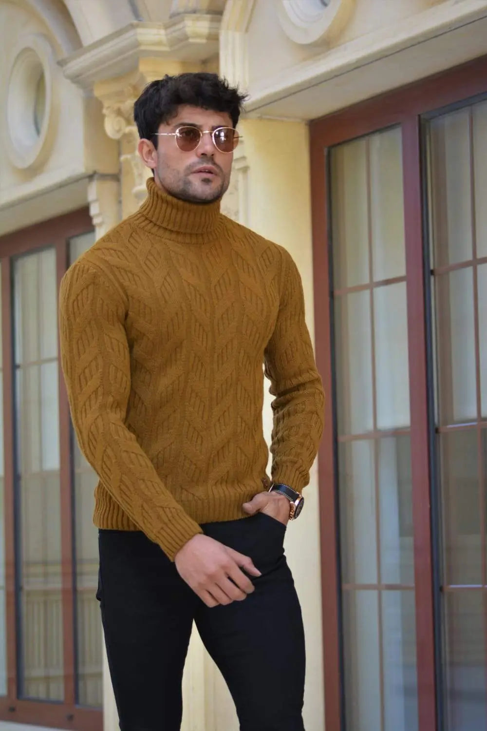 Vicenza Slim-fit Patterned Turtleneck Wool Knitwear in Camel - BRABION
