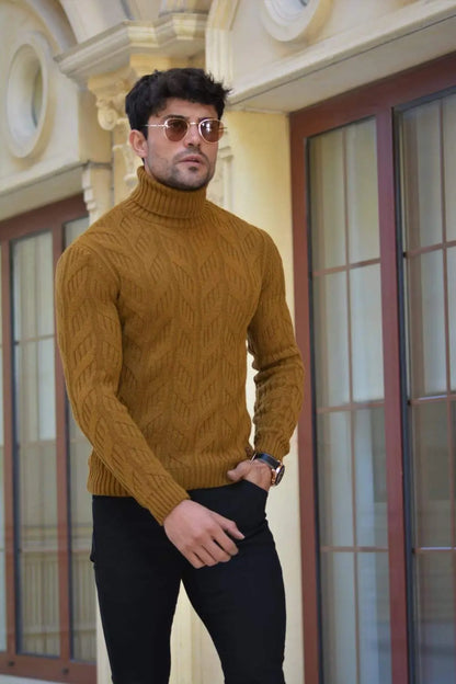 Vicenza Slim-fit Patterned Turtleneck Wool Knitwear in Camel - BRABION