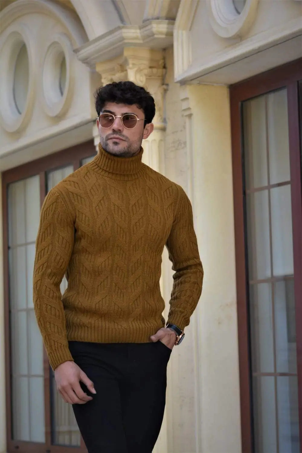 Vicenza Slim-fit Patterned Turtleneck Wool Knitwear in Camel - BRABION