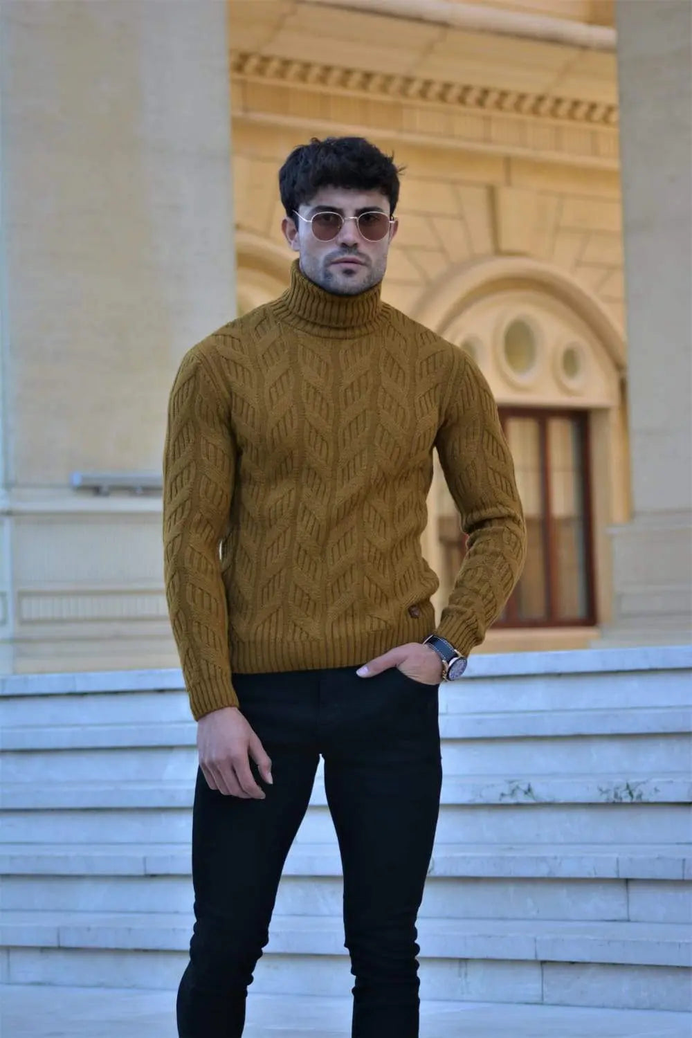 Vicenza Slim-fit Patterned Turtleneck Wool Knitwear in Camel - BRABION
