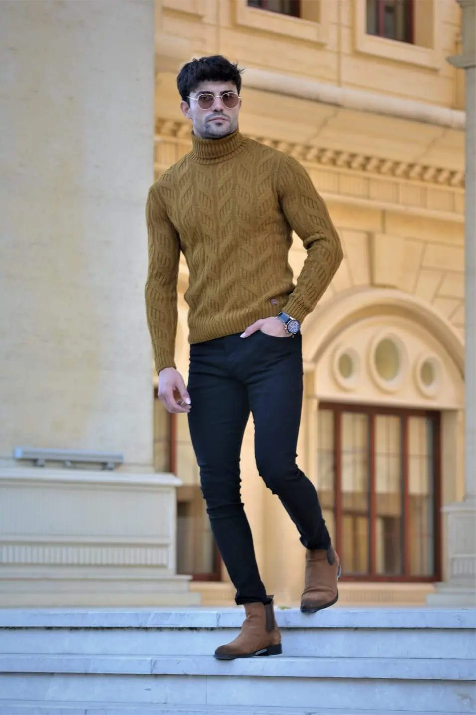 Vicenza Slim-fit Patterned Turtleneck Wool Knitwear in Camel - BRABION