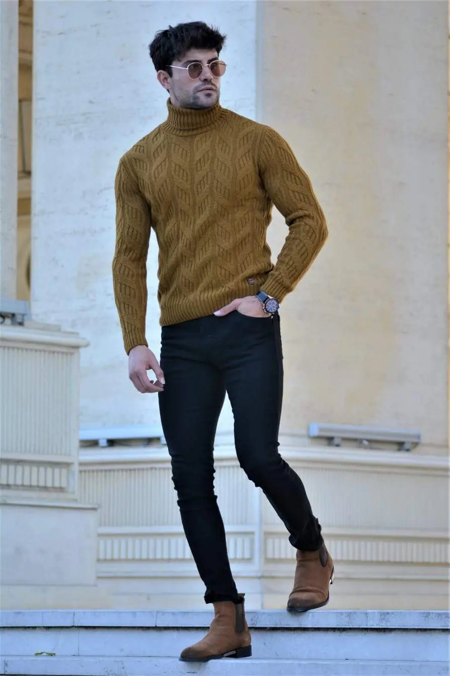 Vicenza Slim-fit Patterned Turtleneck Wool Knitwear in Camel - BRABION