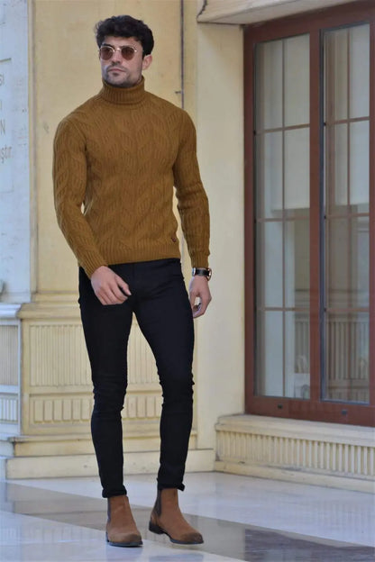 Vicenza Slim-fit Patterned Turtleneck Wool Knitwear in Camel - BRABION