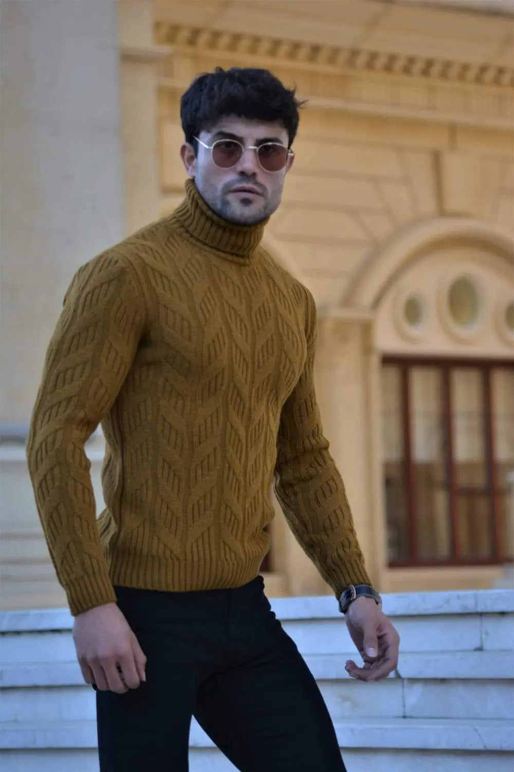Vicenza Slim-fit Patterned Turtleneck Wool Knitwear in Camel - BRABION