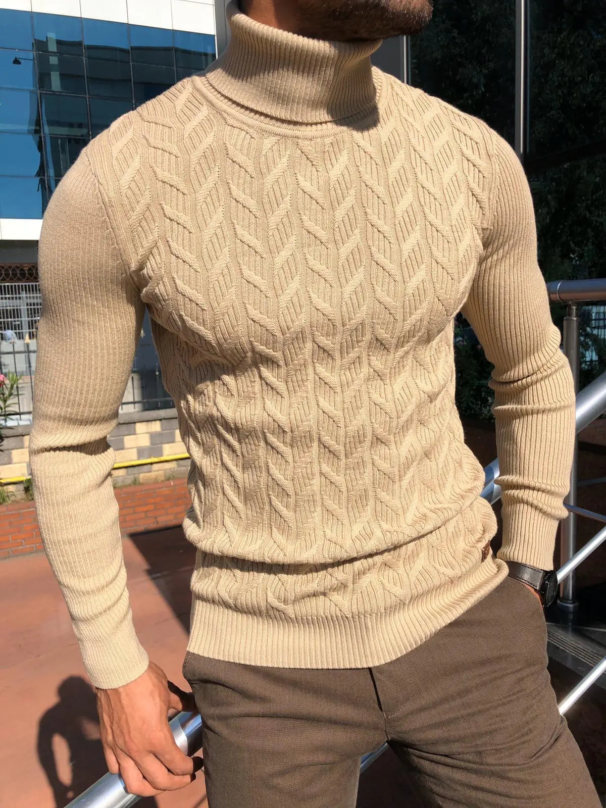 Calvin Slim-Fit Turtleneck Knitwear in Beige - BRABION