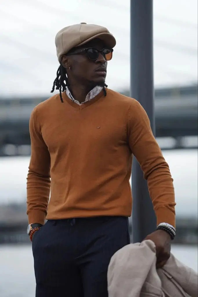 Stefano Slim Fit Custom Design Camel V-Neck Sweater - BRABION