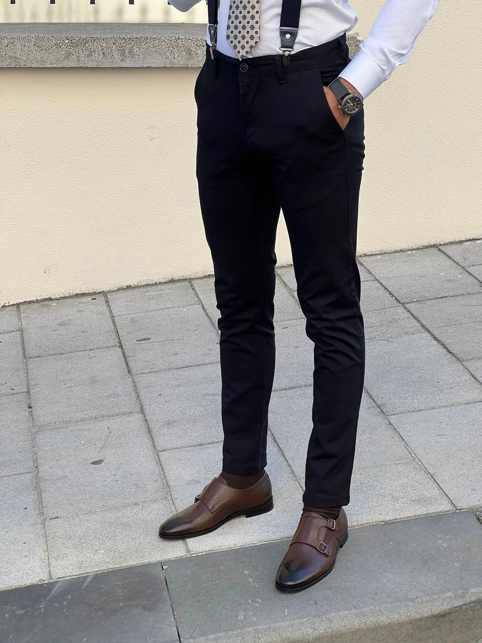 Benjamin Slim Fit High Quality Dark Blue Patterned Anthracite Pants - BRABION