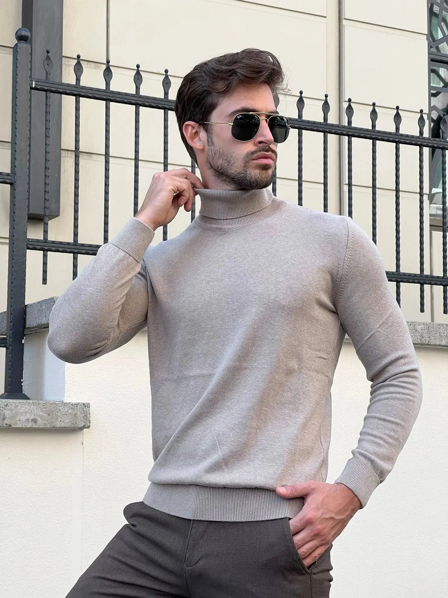 Stefano Slim Fit Beige Turtleneck Sweater - BRABION