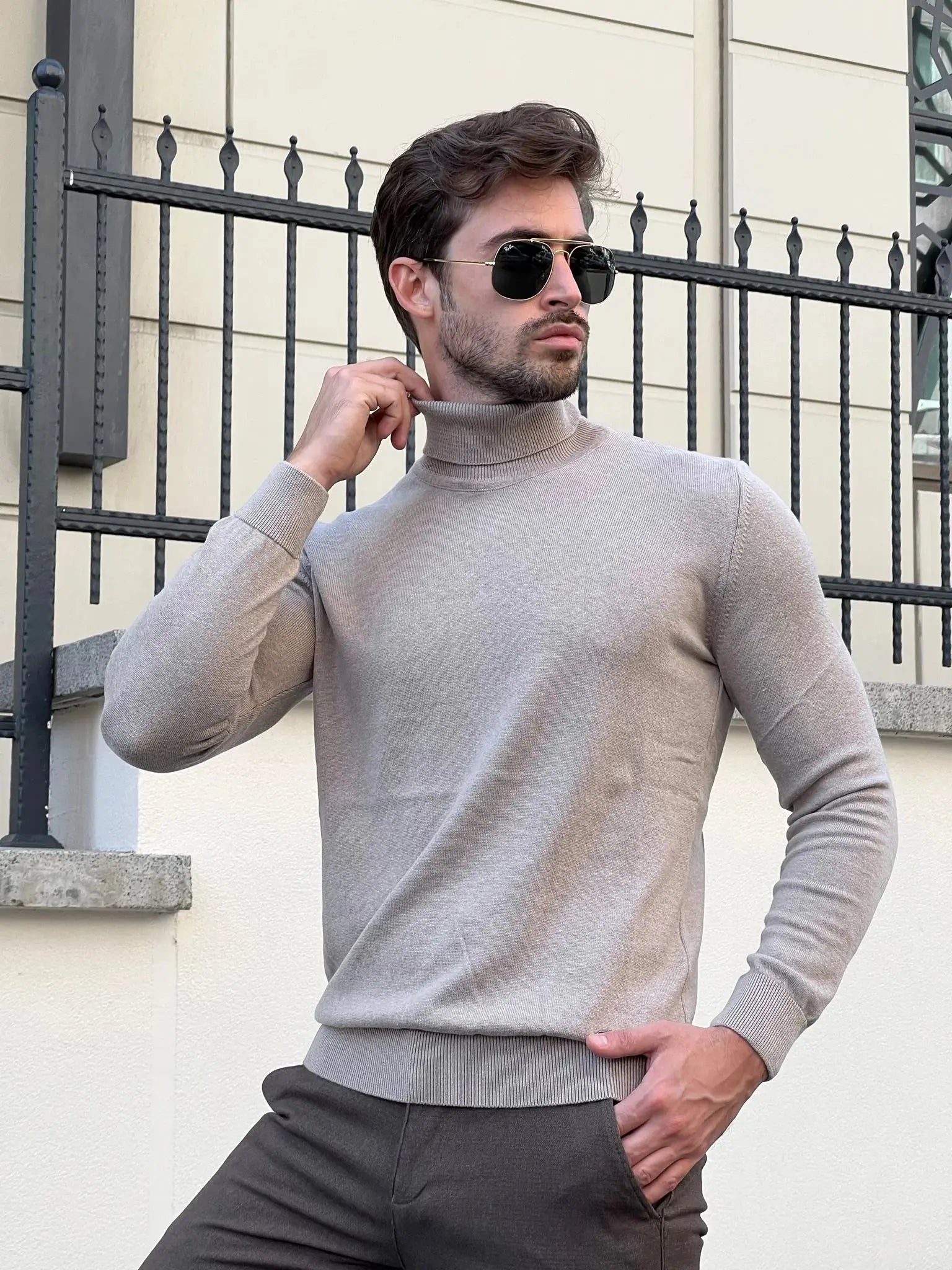 Stefano Slim Fit Beige Turtleneck Sweater - BRABION