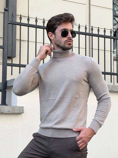 Stefano Slim Fit Beige Turtleneck Sweater - BRABION