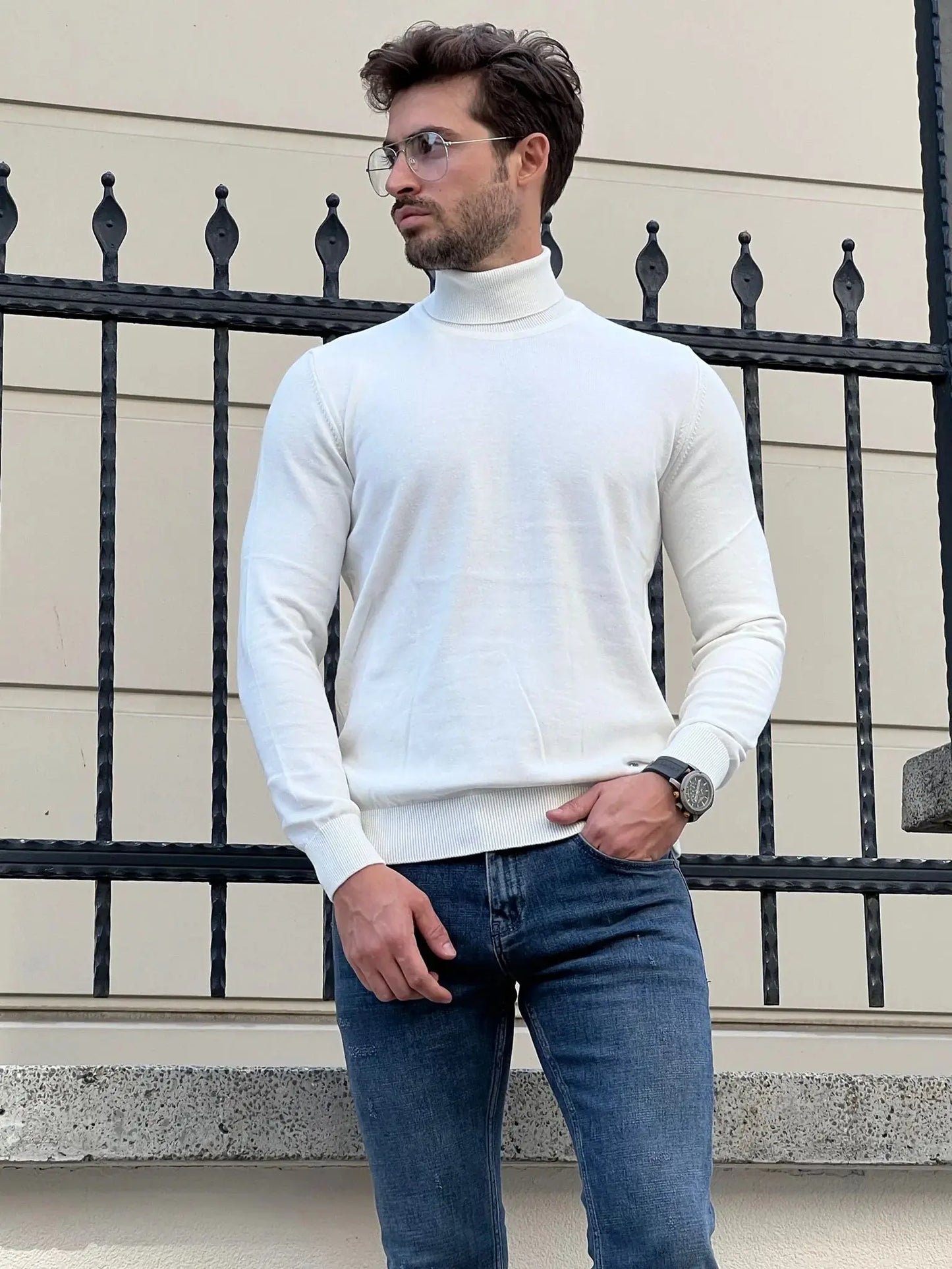 Stefano Slim Fit White Turtleneck Sweater - BRABION