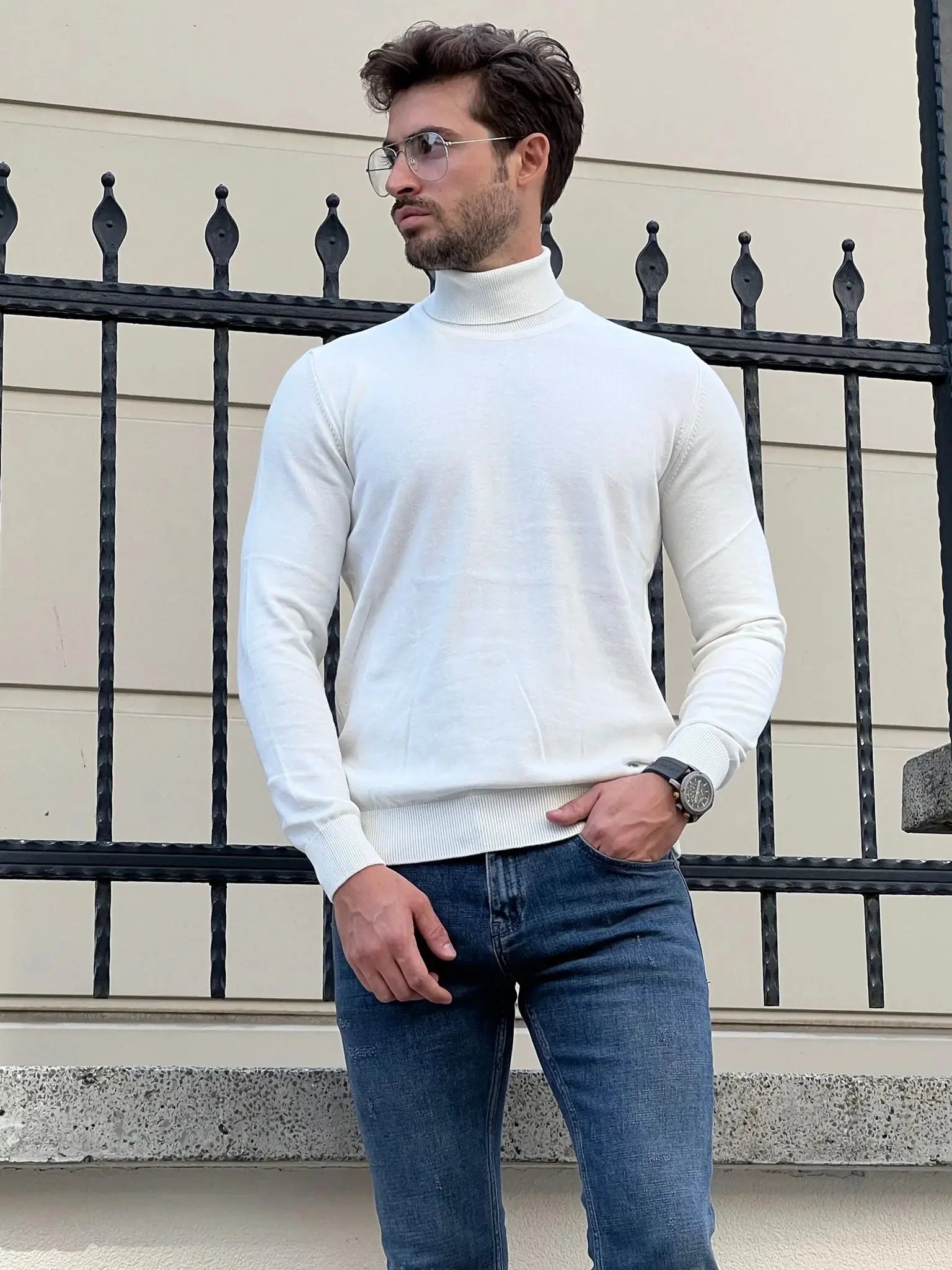 Stefano Slim Fit White Turtleneck Sweater - BRABION