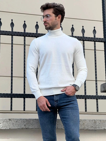 Stefano Slim Fit White Turtleneck Sweater - BRABION