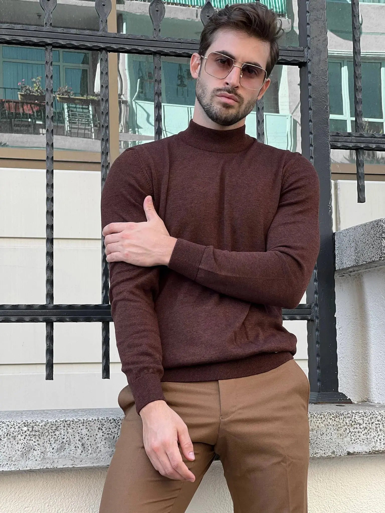 Stefano Slim Fit Brown Turtleneck Sweater - BRABION