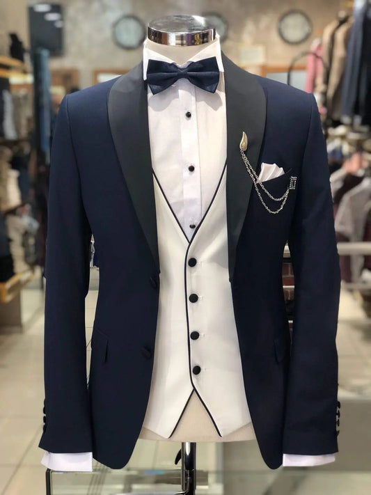 Slim-Fit Navy-Blue Tuxedo Suit for Elegant Occasions - BRABION