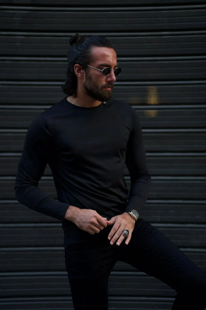Stefano Slim Fit Custom Design Round Neck Black Sweater - BRABION