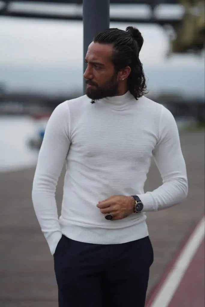 Stefano Slim Fit Custom Design Half Turtleneck White Sweater - BRABION