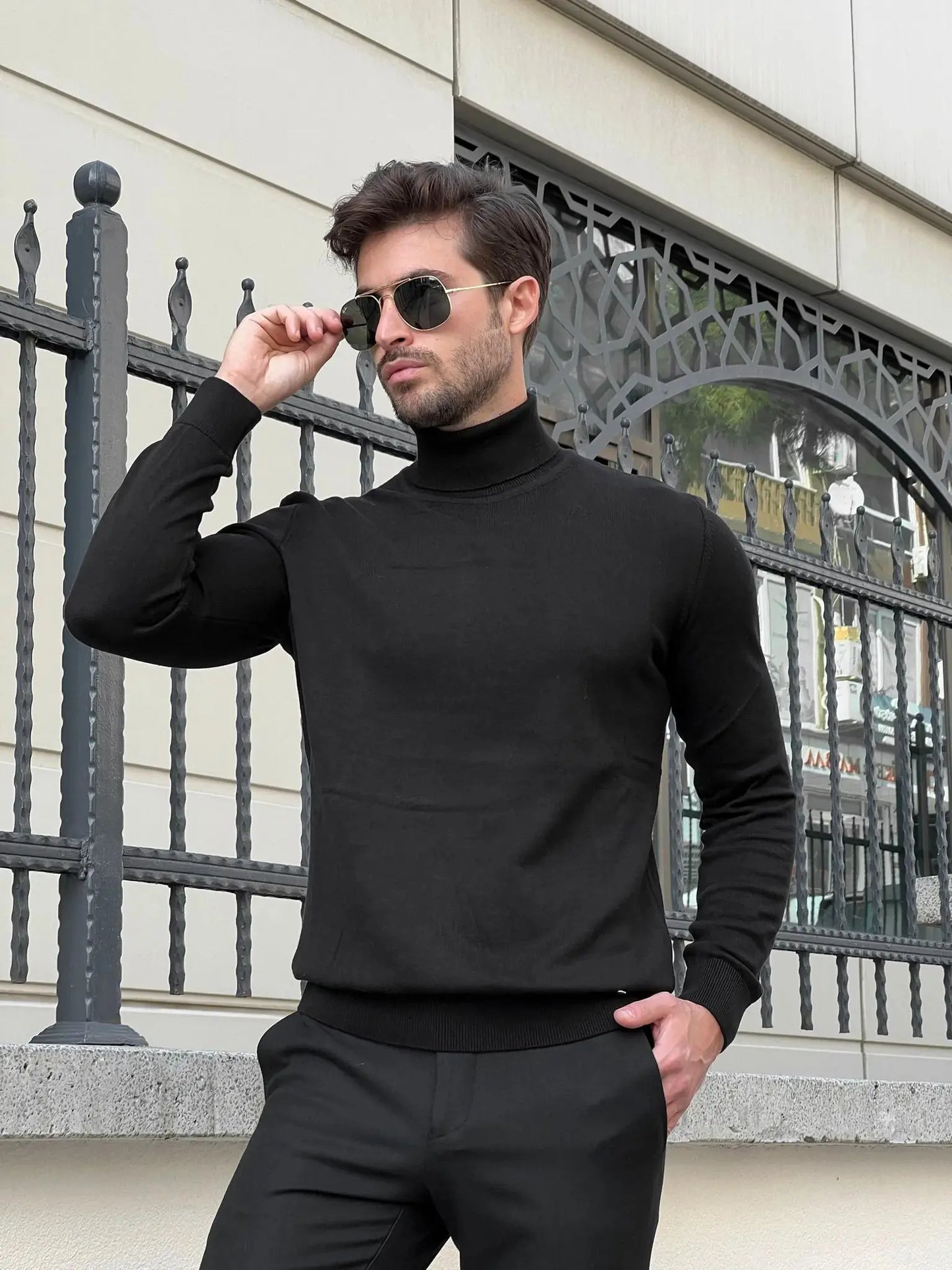 Stefano Slim Fit Black Turtleneck Sweater - BRABION