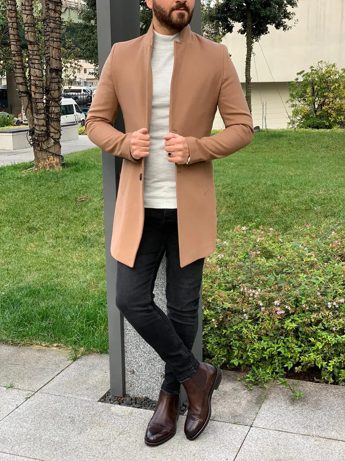 Kenzie Brown Slim Fit Wool Long Coat - BRABION