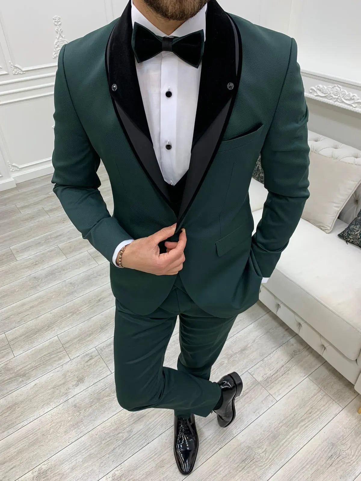Bergamo Green Slim Fit Velvet Peak Lapel Tuxedo - BRABION