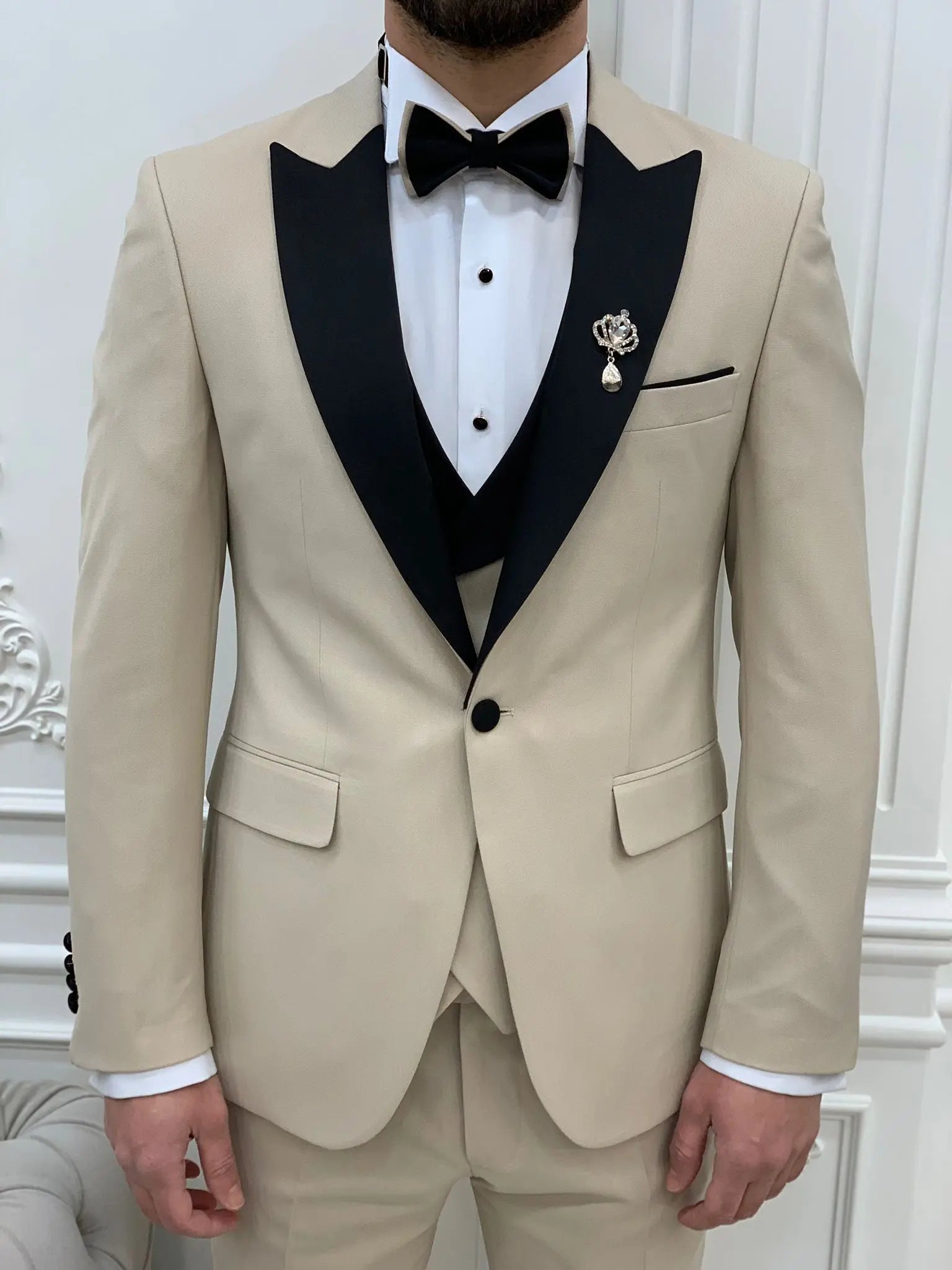 Eden Beige Slim Fit Peak Lapel Tuxedo - BRABION