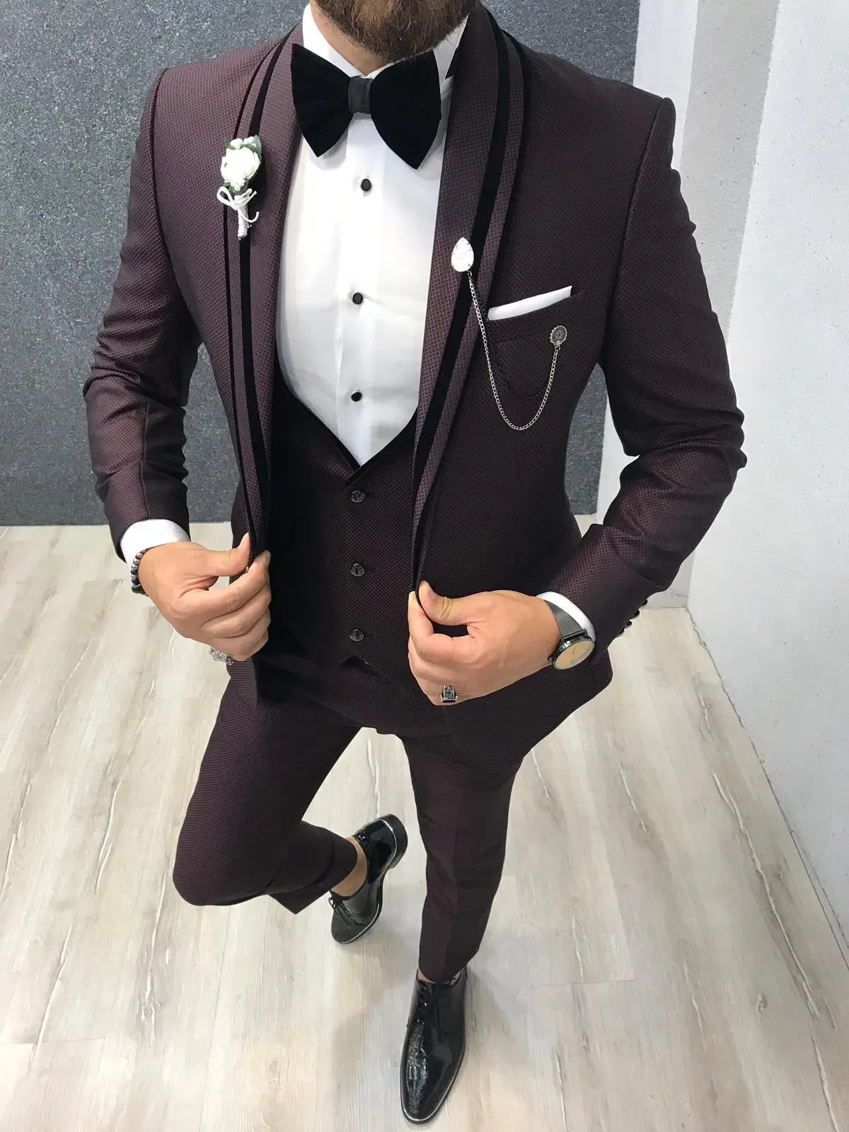 Acacia Claret Red Slim Fit Tuxedo - BRABION