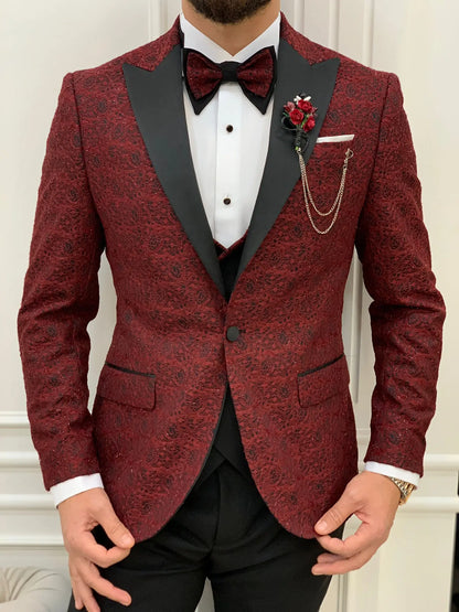 Caesar Red Slim Fit Peak Lapel Floral Patterned Tuxedo - BRABION