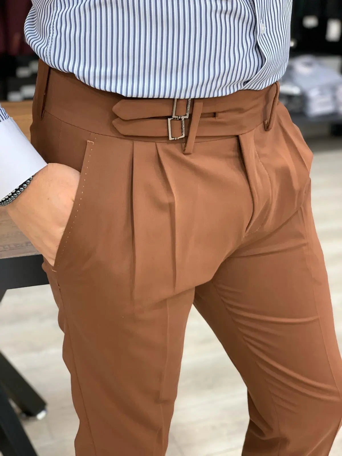 Jake Tile Pleated Buckled Slim Fit Pants - BRABION