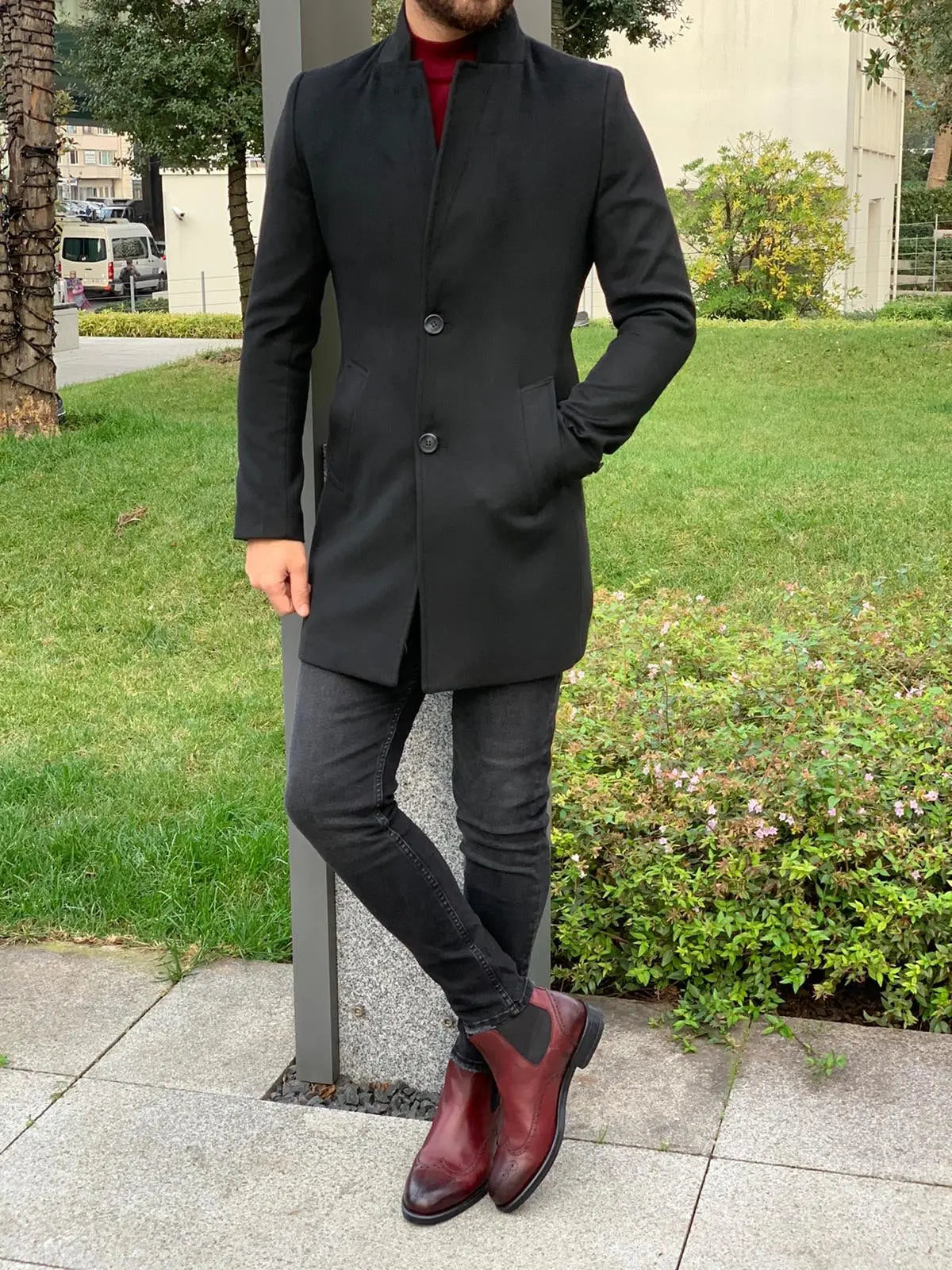 Kenzie Black Slim Fit Wool Long Coat - BRABION