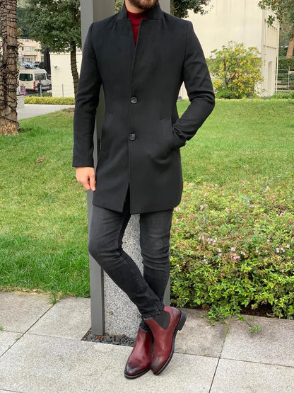 Kenzie Black Slim Fit Wool Long Coat - BRABION