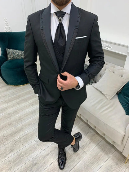 Forte Black Slim Fit Glitter Peak Lapel Wedding Suit - BRABION